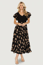 Estelle Smocked Midi Dress | Black + Tan Print