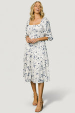 Marta Smocked Midi Dress | White + Blue