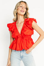 Norma Ruffle Peplum Top | Coral Red