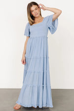 Lenora Smocked Dotted Maxi Dress | Dusty Blue