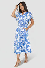 Lydie Button Midi Dress | White + Blue