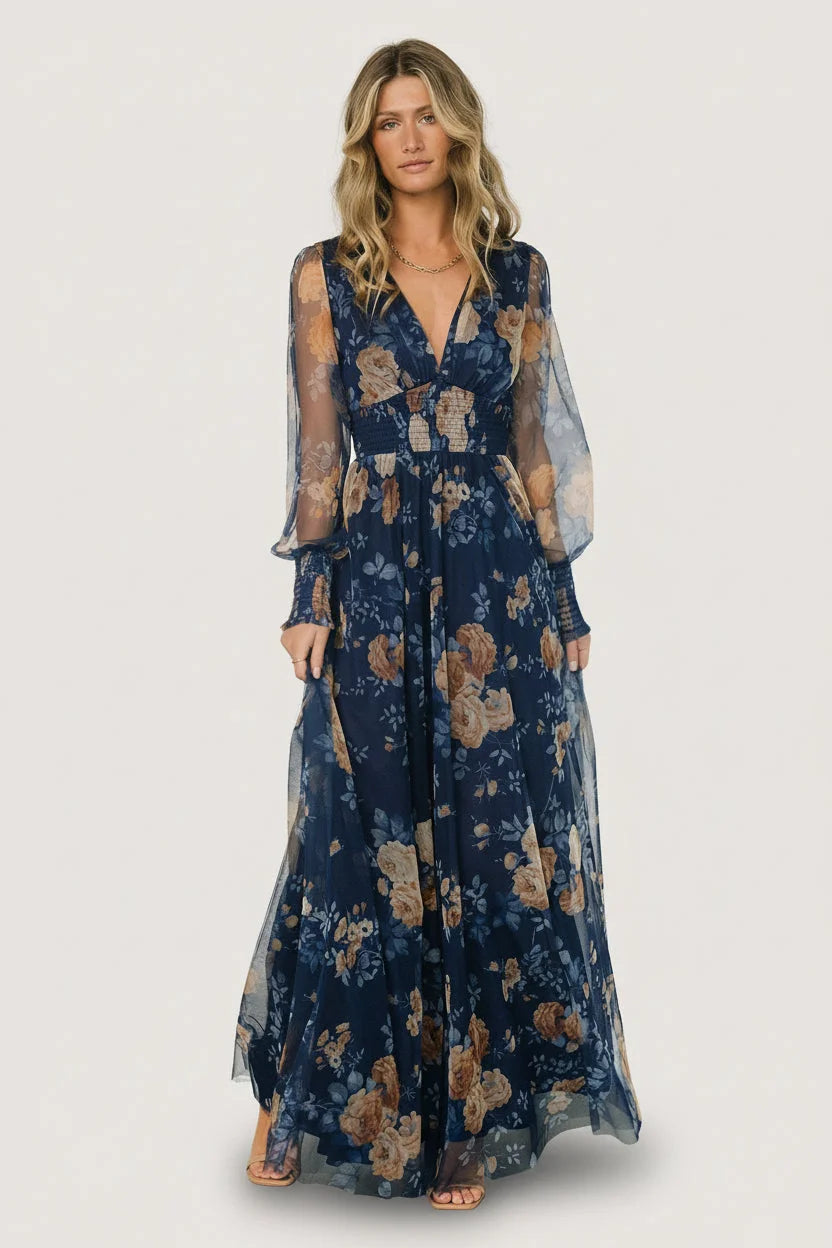 Layla Tulle Maxi Dress | Blue + Golden Floral