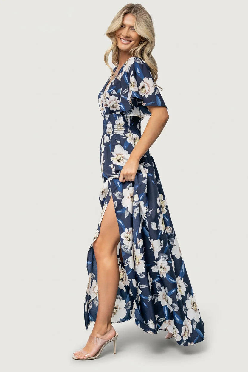 Verona Smocked Maxi Dress | Navy + White Floral