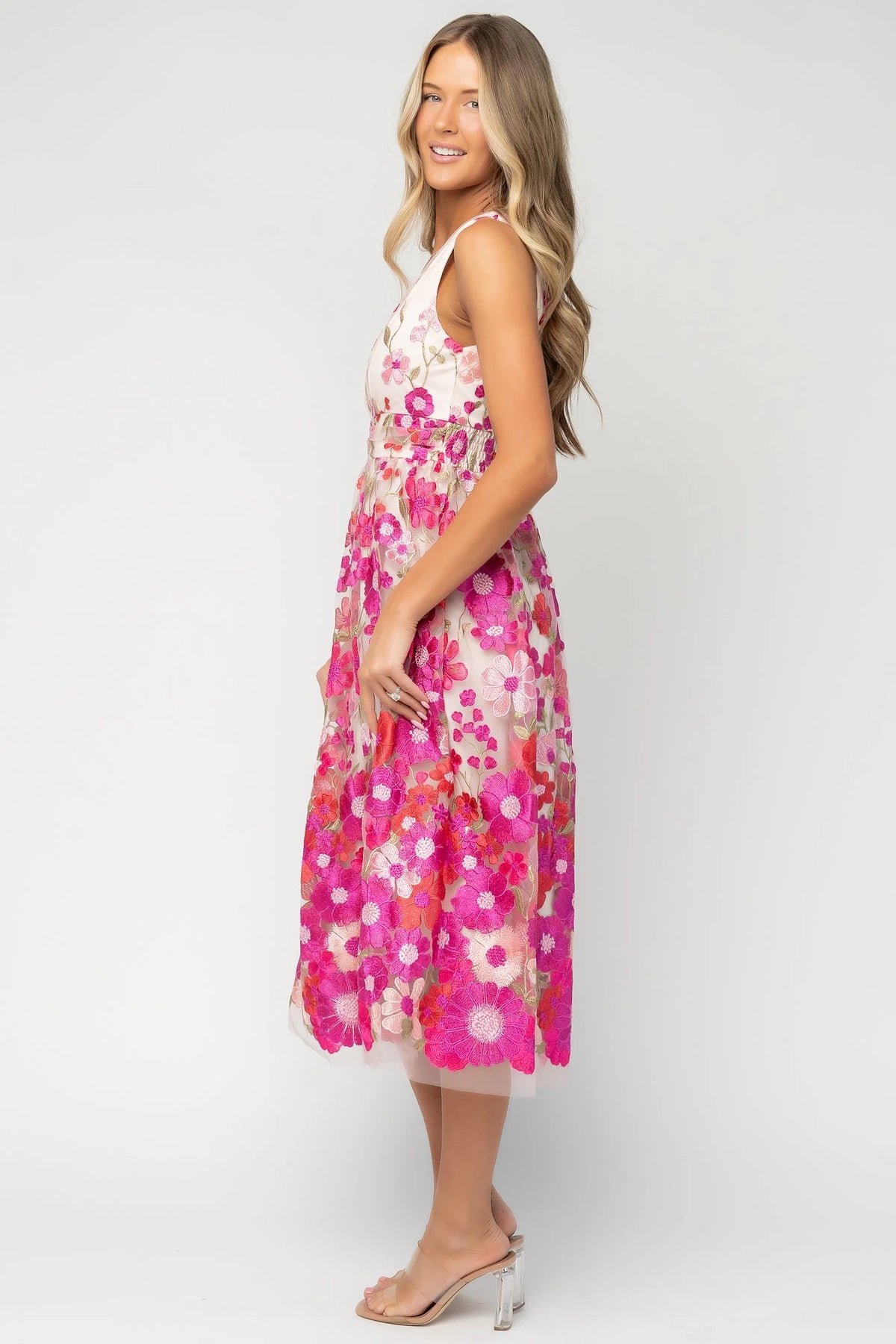 Lila Embroidered Midi Dress | Pink Floral
