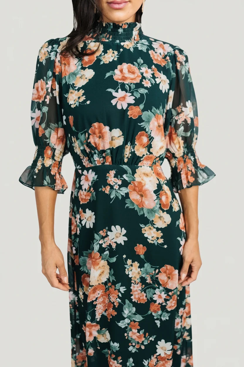 Marie Mock Neck Maxi Dress | Dark Green Floral