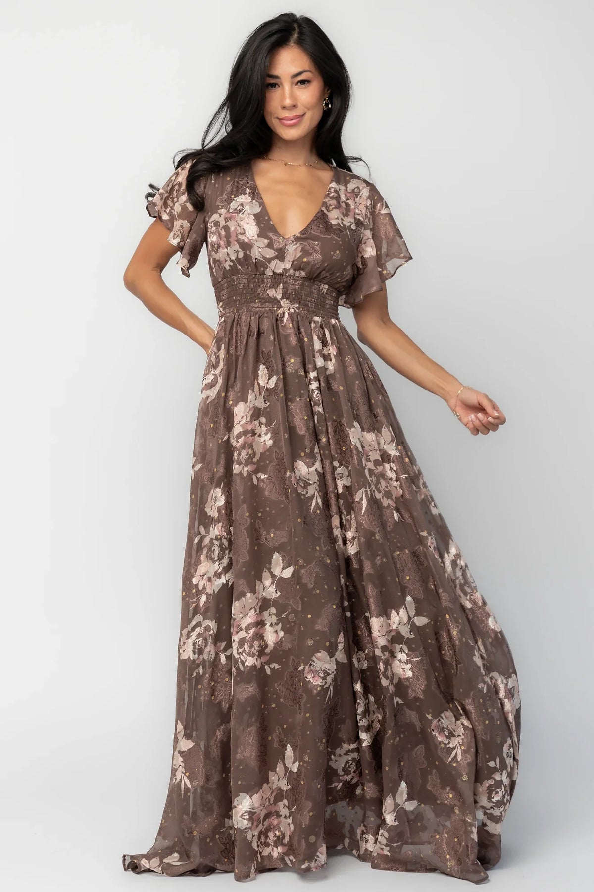 Lynlee Metallic Maxi Dress | Mocha Floral