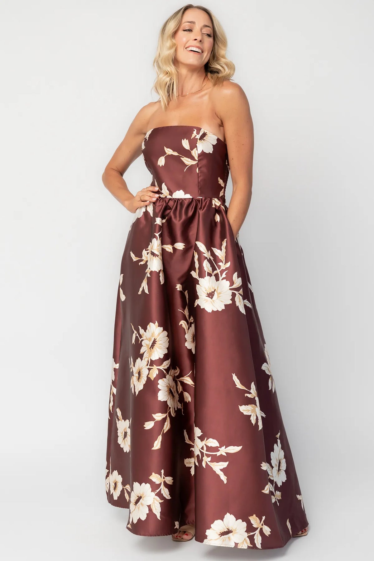 Rosette Strapless Maxi Gown | Mahogany Floral