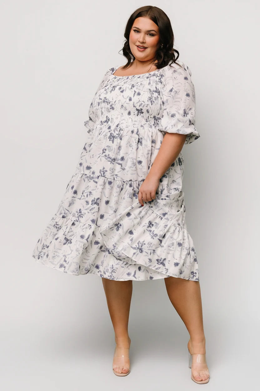 Marta Smocked Midi Dress | White + Blue