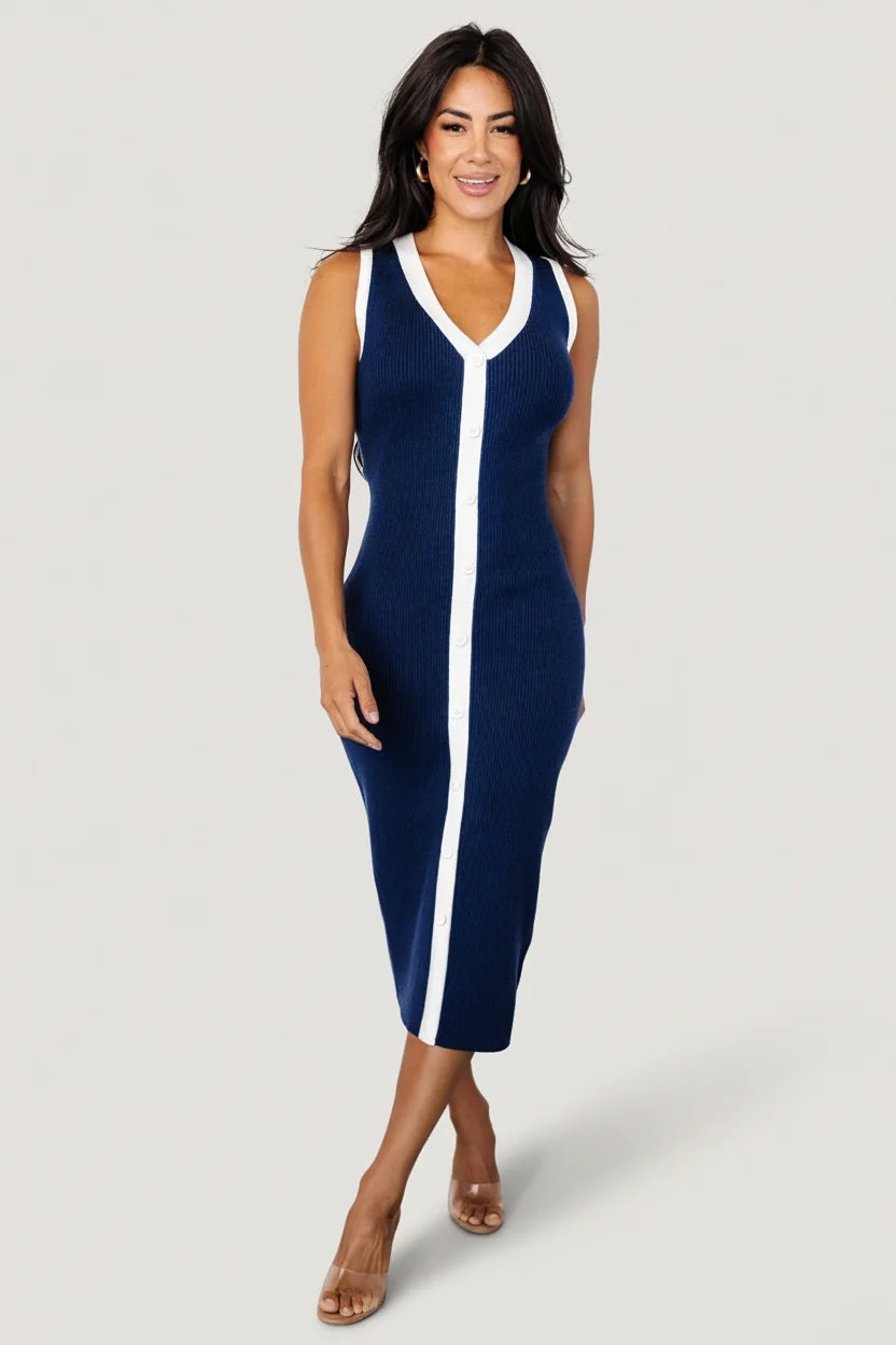 Coley Ribbed Button Dress | Navy + Off White