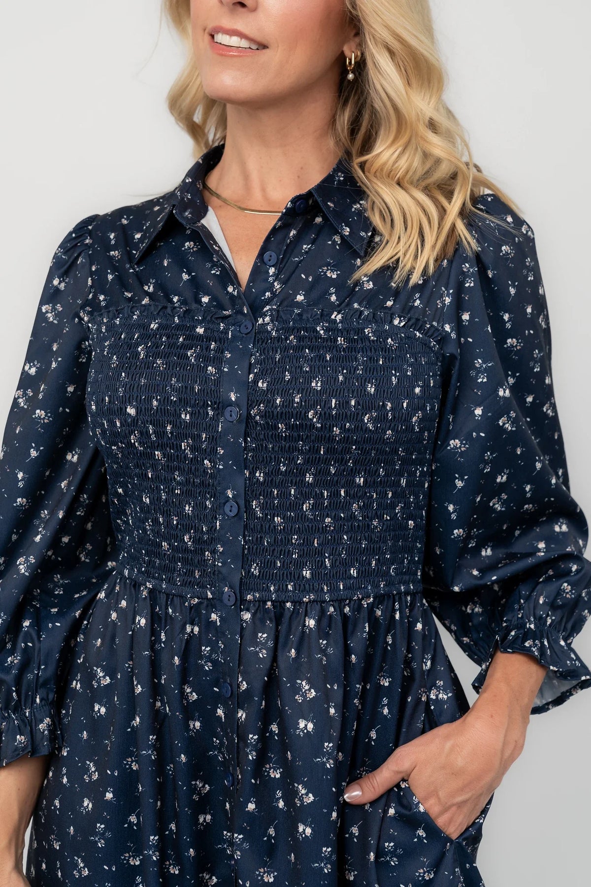 Janette Button Down Midi Dress | Navy Floral