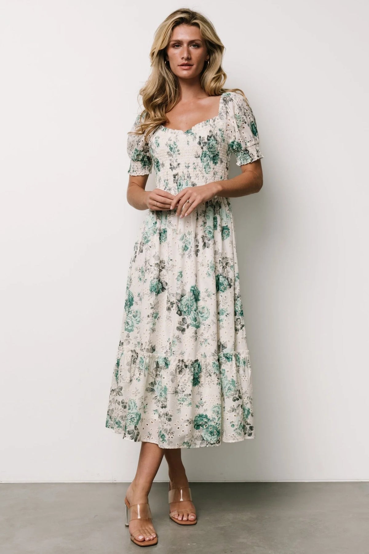 Piper Eyelet Midi Dress | Off White + Green Floral