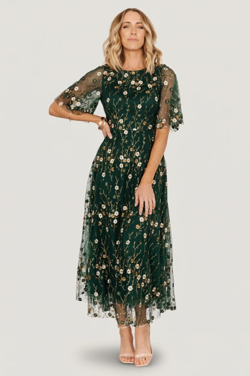 Arabella Embroidered Tulle Maxi Dress | Dark Green Floral