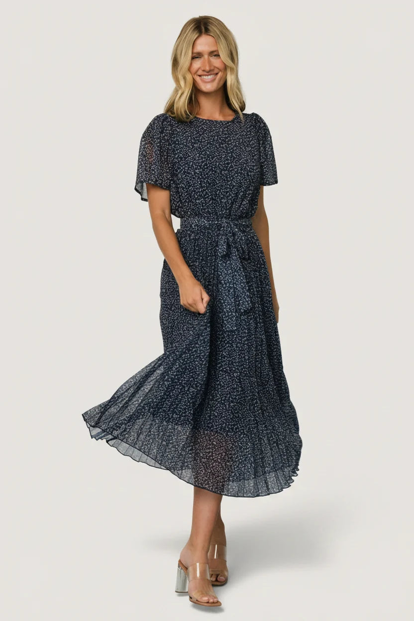 Prim Pleated Dress | Navy Print