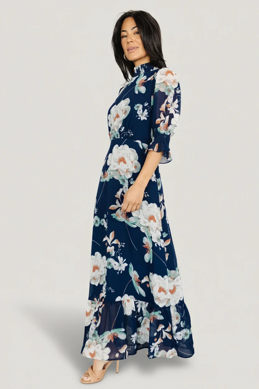 Marie Mock Neck Maxi Dress | Navy Floral