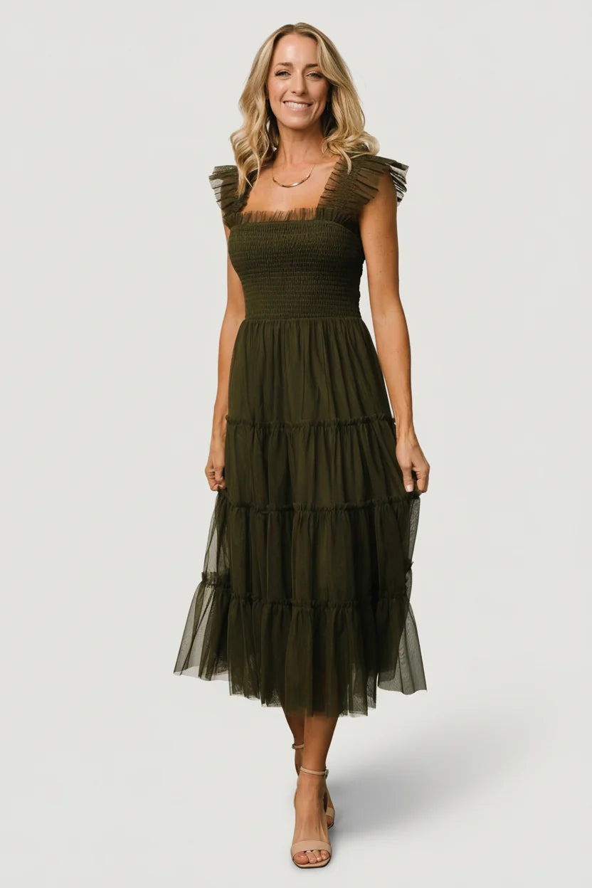 Emma Smocked Tulle Dress | Dark Olive