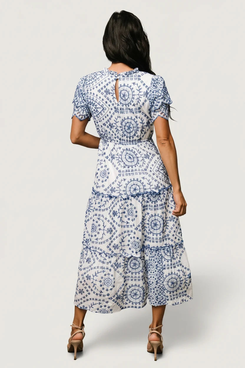Mirabel Eyelet Midi Dress | White + Blue
