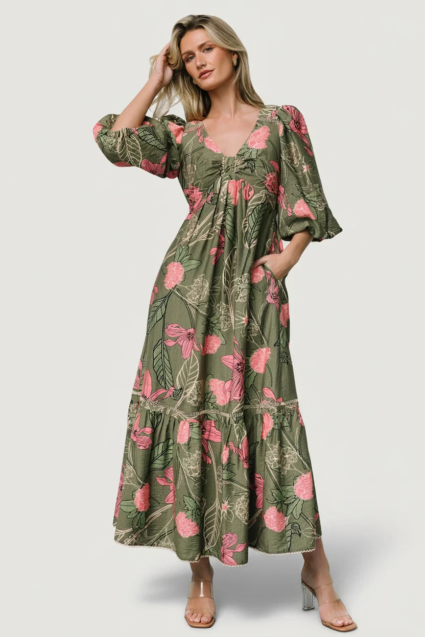 Lonna Dress | Olive + Fuschia Floral