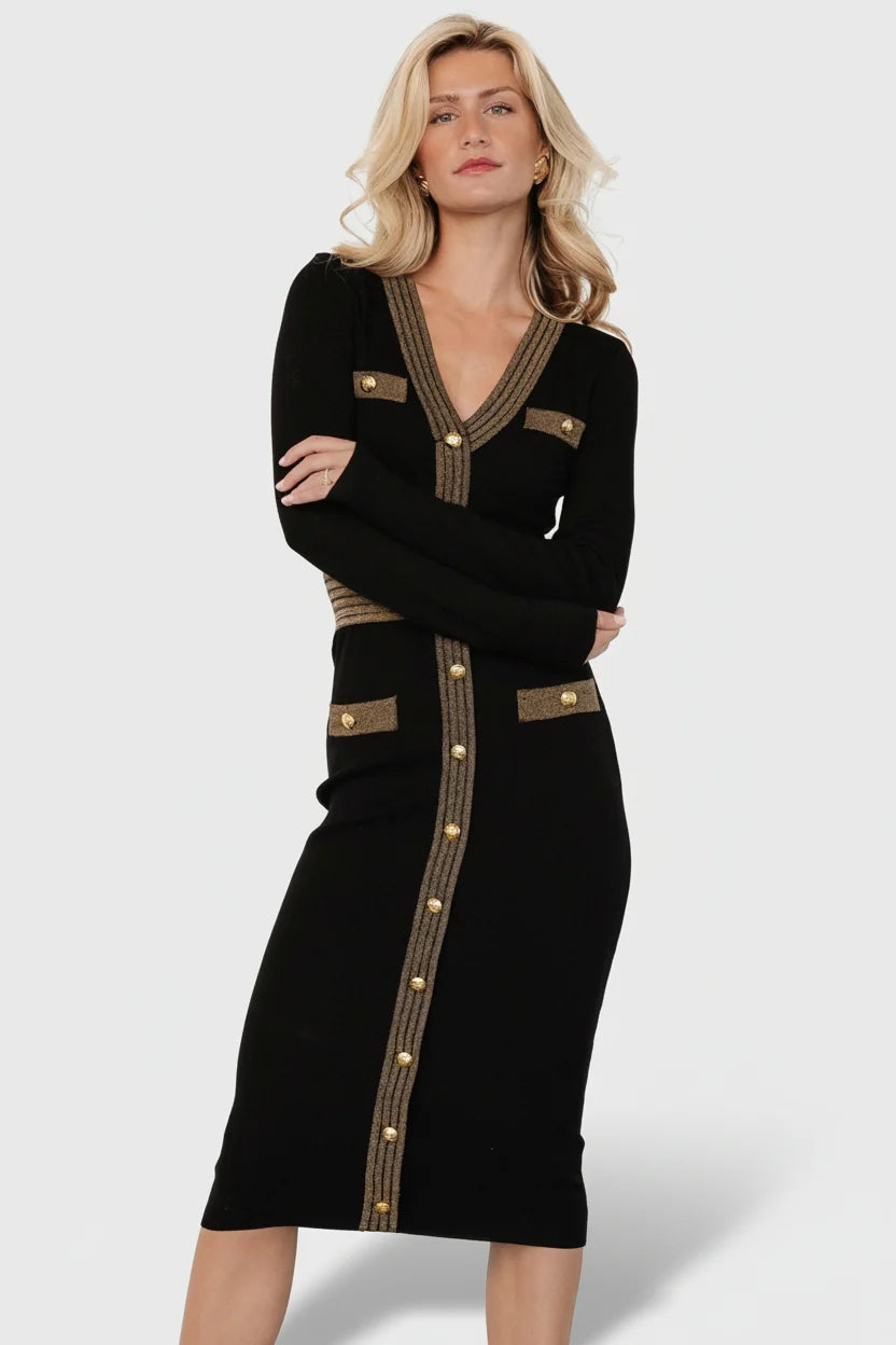 Birgitta Ribbed Sweater Dress | Black + Gold
