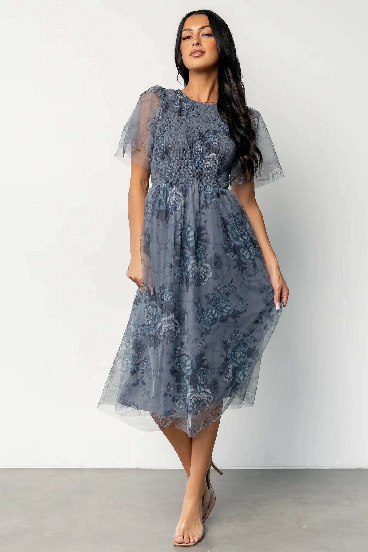 Josie Tulle Midi Dress | Dusty Blue Floral