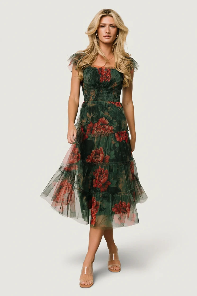 Clementine Tulle Midi Dress | Dark Green Floral