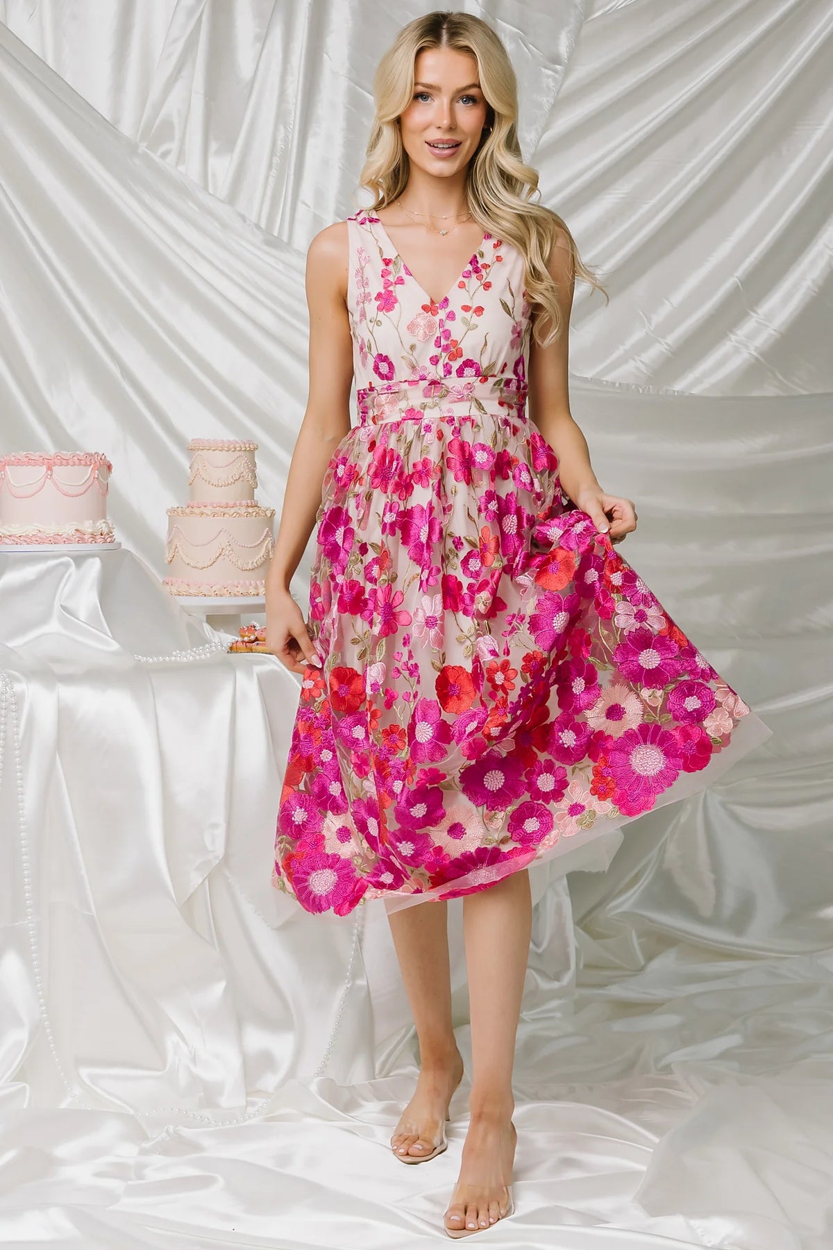 Lila Embroidered Midi Dress | Pink Floral