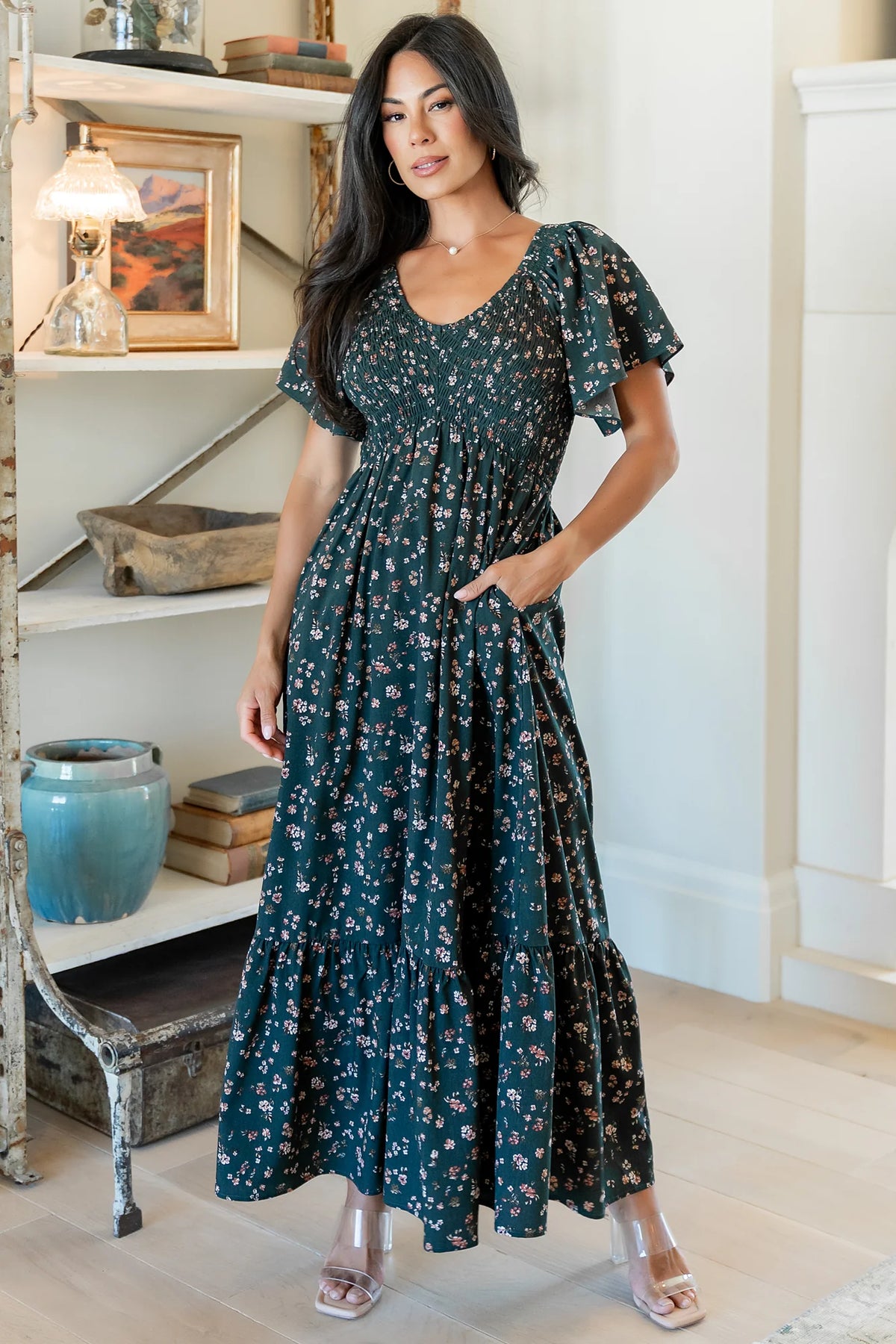 Jerah Smocked Dress | Deep Jade Floral