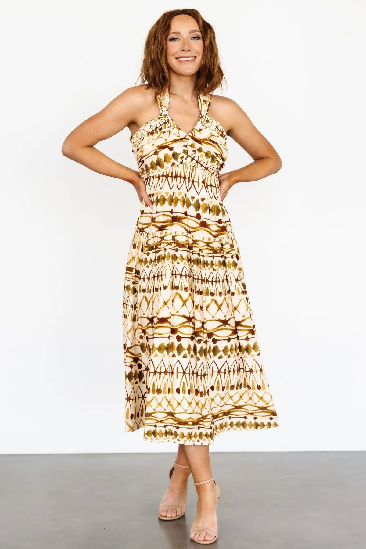 Seraphina Open Back Midi Dress | Tan Multi