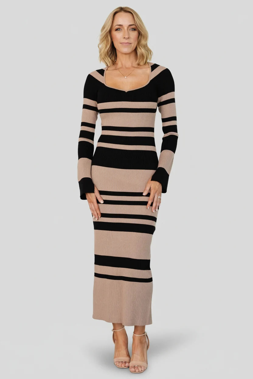 Marika Ribbed Dress | Camel + Black Stripe