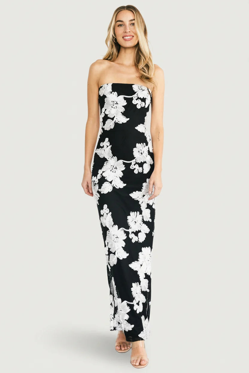 Chantelle Strapless Maxi Dress | Black + White Floral