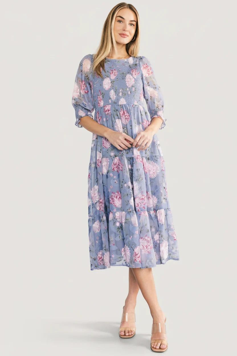Nellie Smocked Midi Dress | Dusty Blue Floral