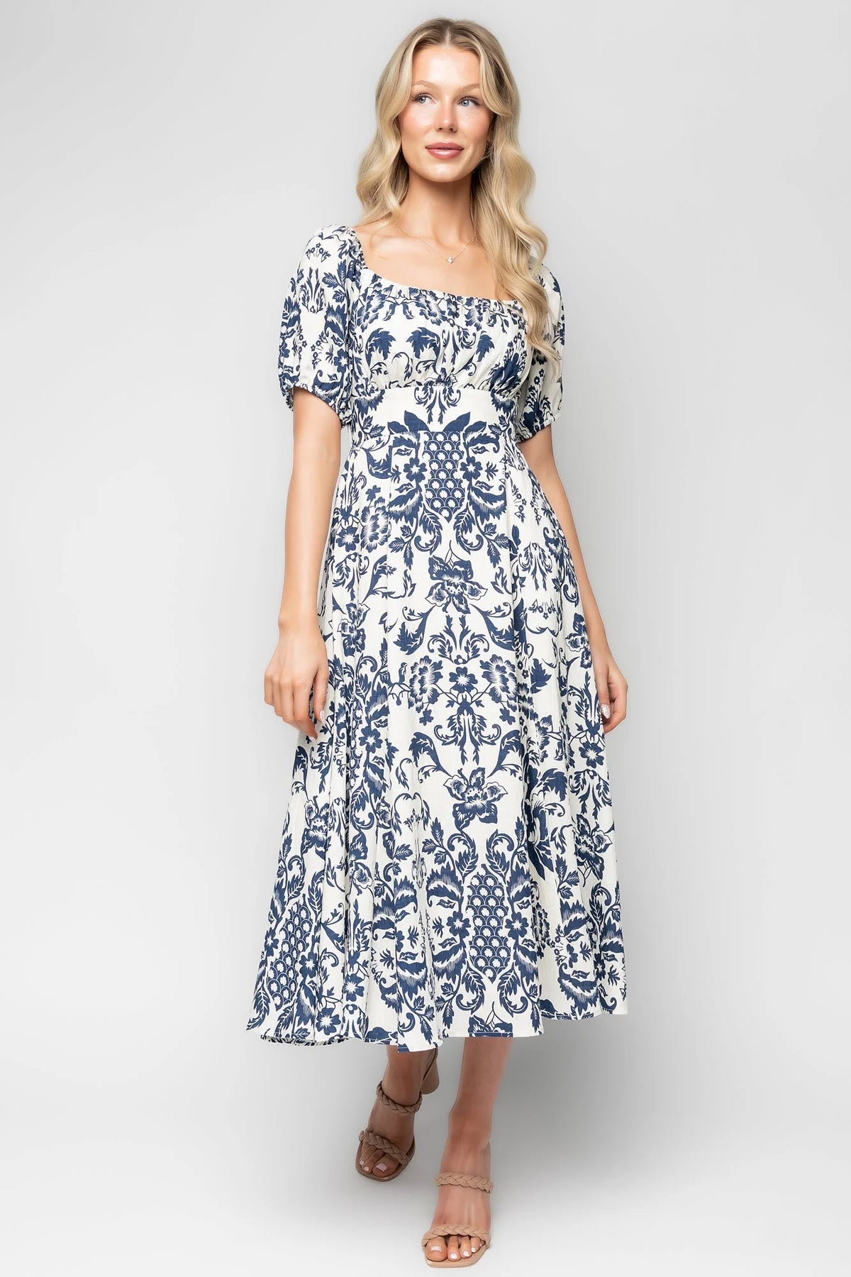 Charlotte Midi Dress | Ivory + Dark Blue