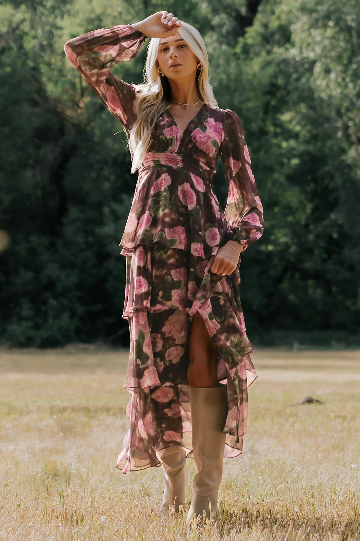 Mariella Tiered Maxi Dress | Mahogany Rose Floral