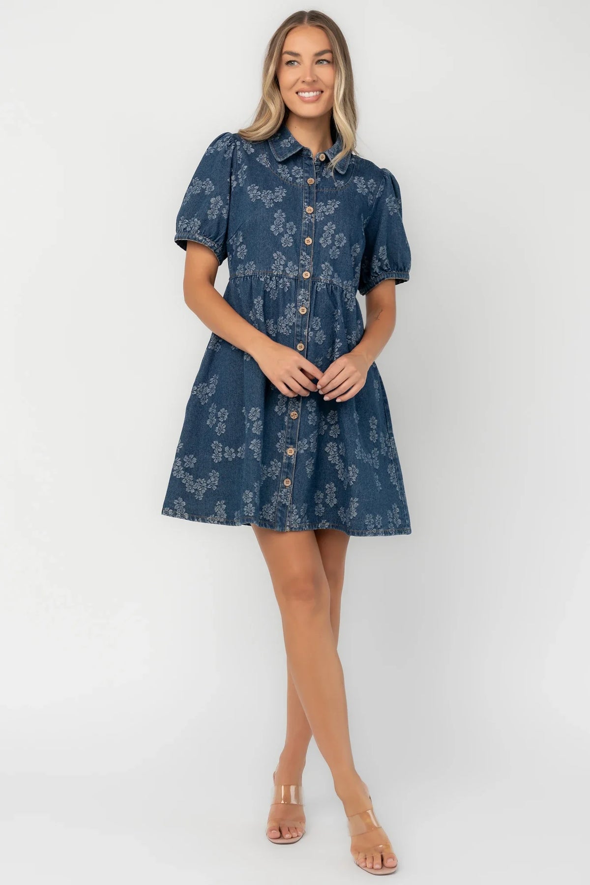 Tiff Button Up Short Dress | Medium Floral Wash