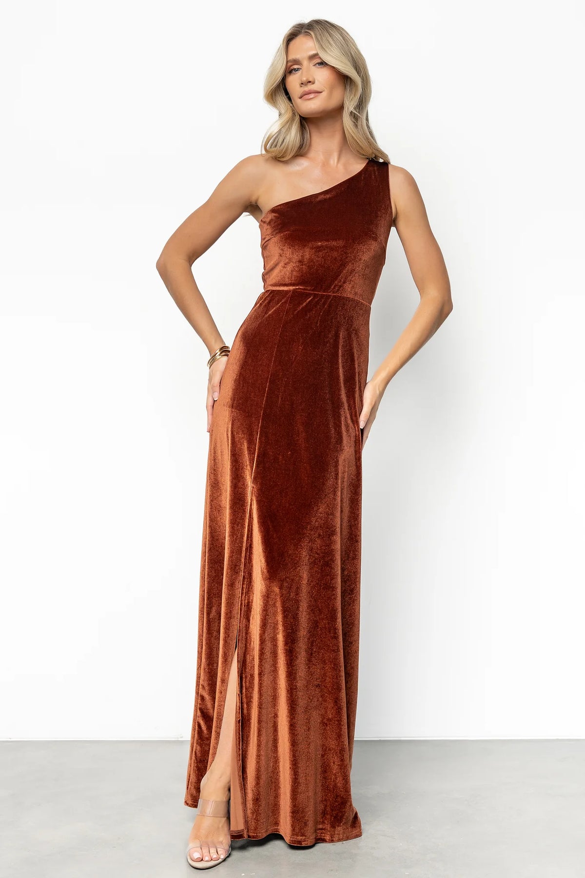 Tatiana Velvet One Shoulder Maxi Dress | Bronze