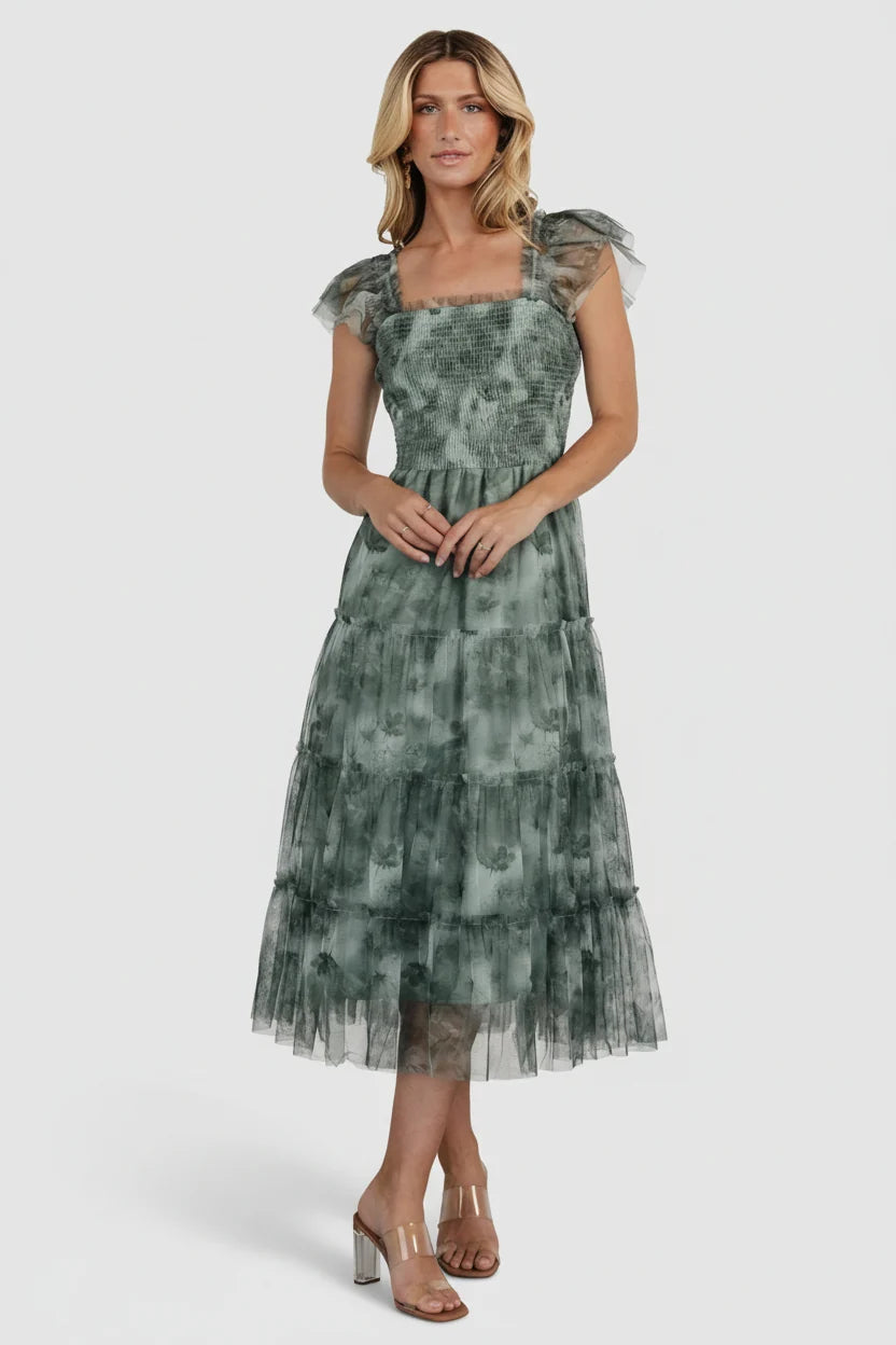Clementine Tulle Midi Dress | Dusty Green Print